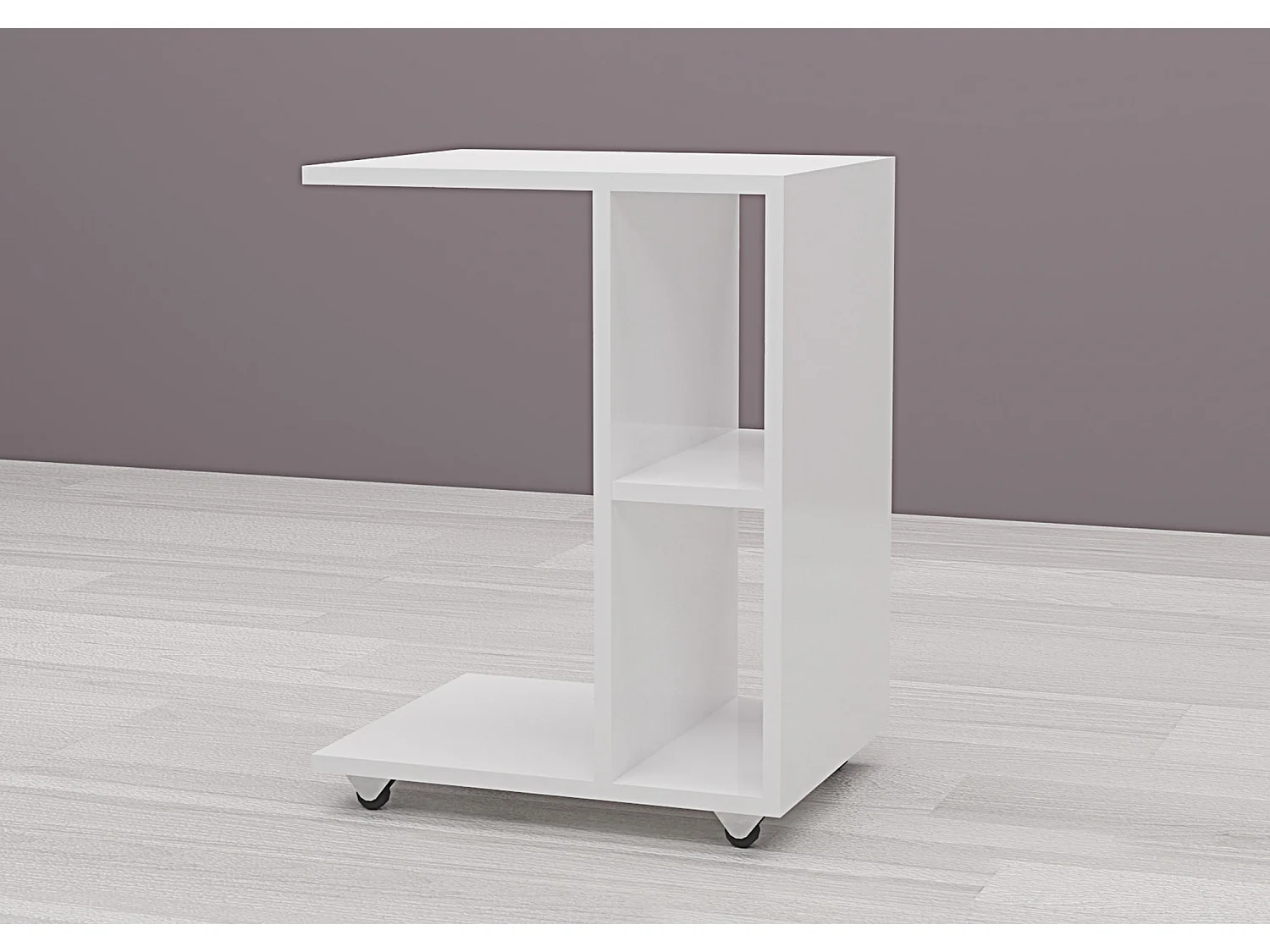 Tavolino da salotto con ruote e 2 vani a giorno in bianco lucido TG9