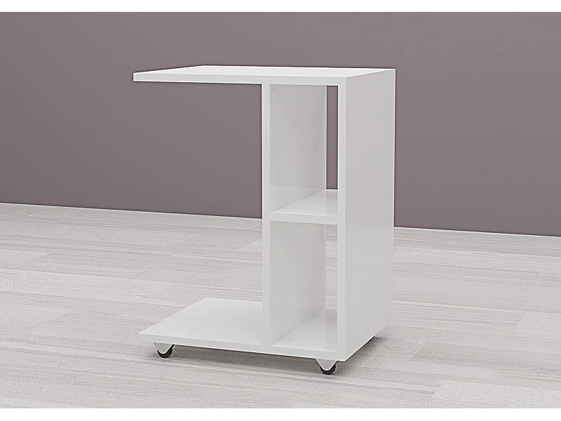 Tavolino da salotto con ruote e 2 vani a giorno in bianco lucido TG9