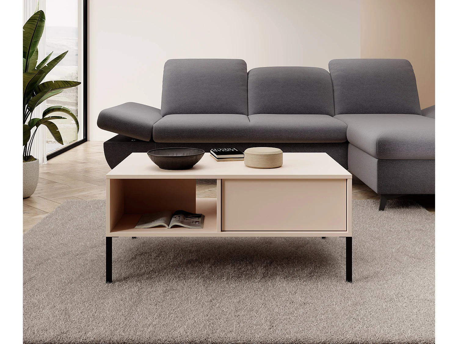 Tavolino da soggiorno moderno 97X44cm con due cassetti beige TLK4