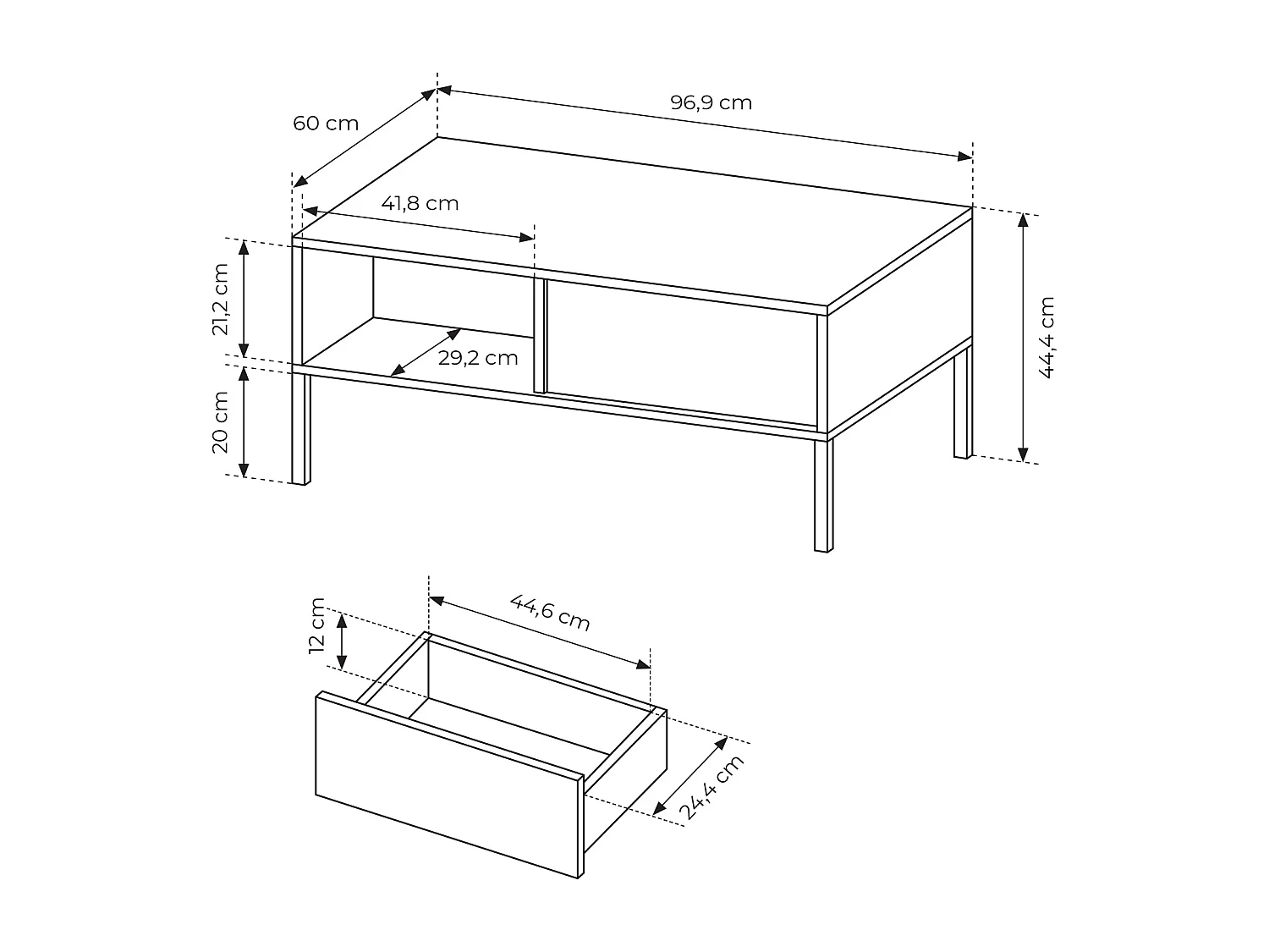 Tavolino da soggiorno moderno 97X44cm con due cassetti beige TLK4