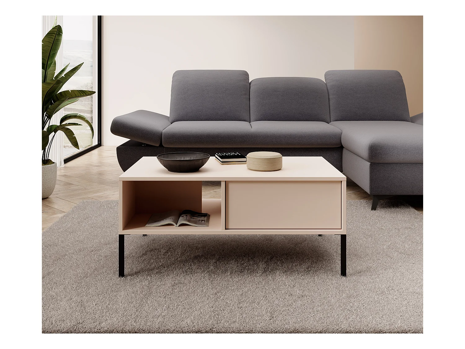 Tavolino da soggiorno moderno 97X44cm con due cassetti beige TLK4