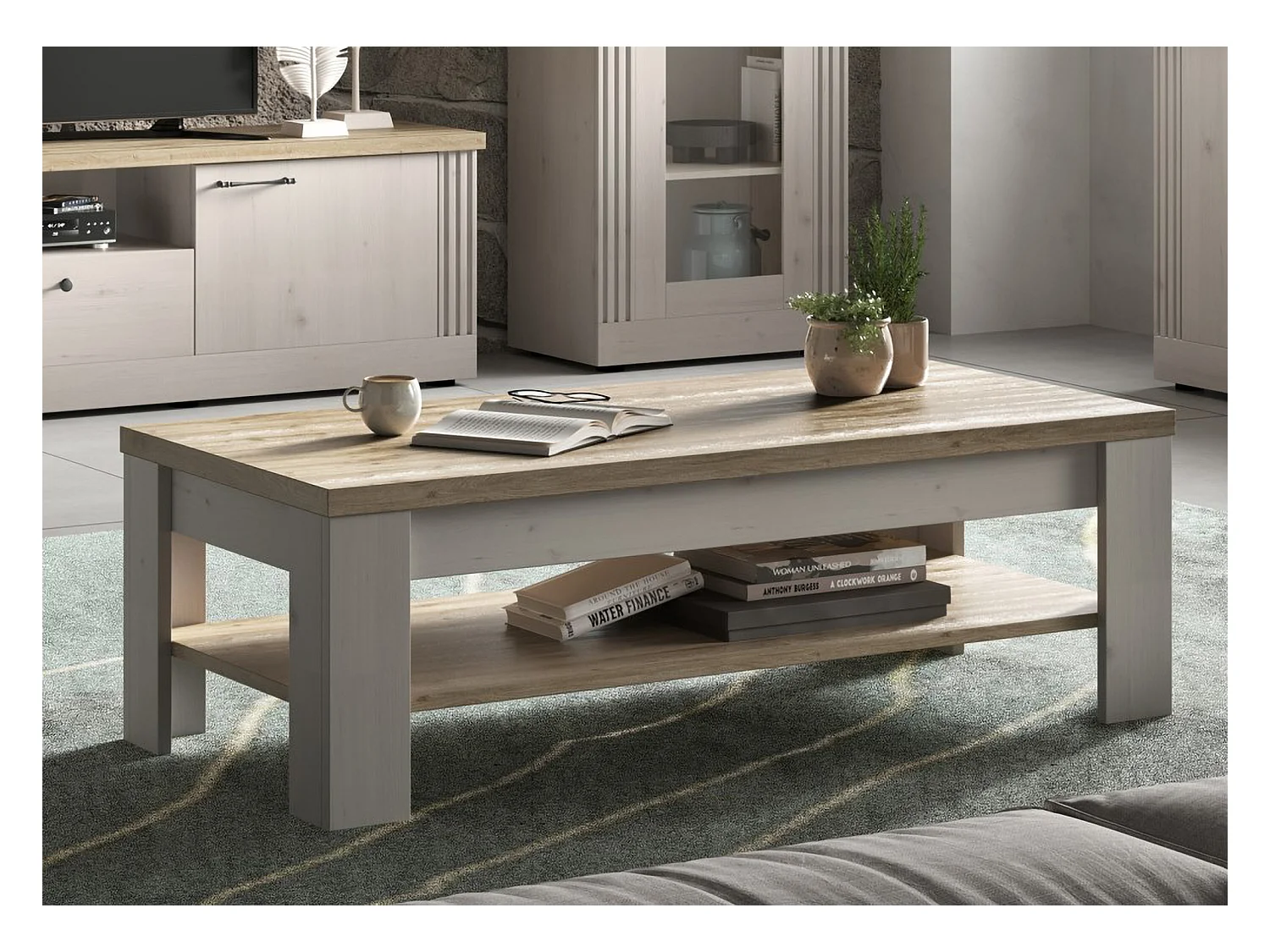 Tavolino da salotto moderno 110x68 cm bianco effetto legno e rovere TSL11