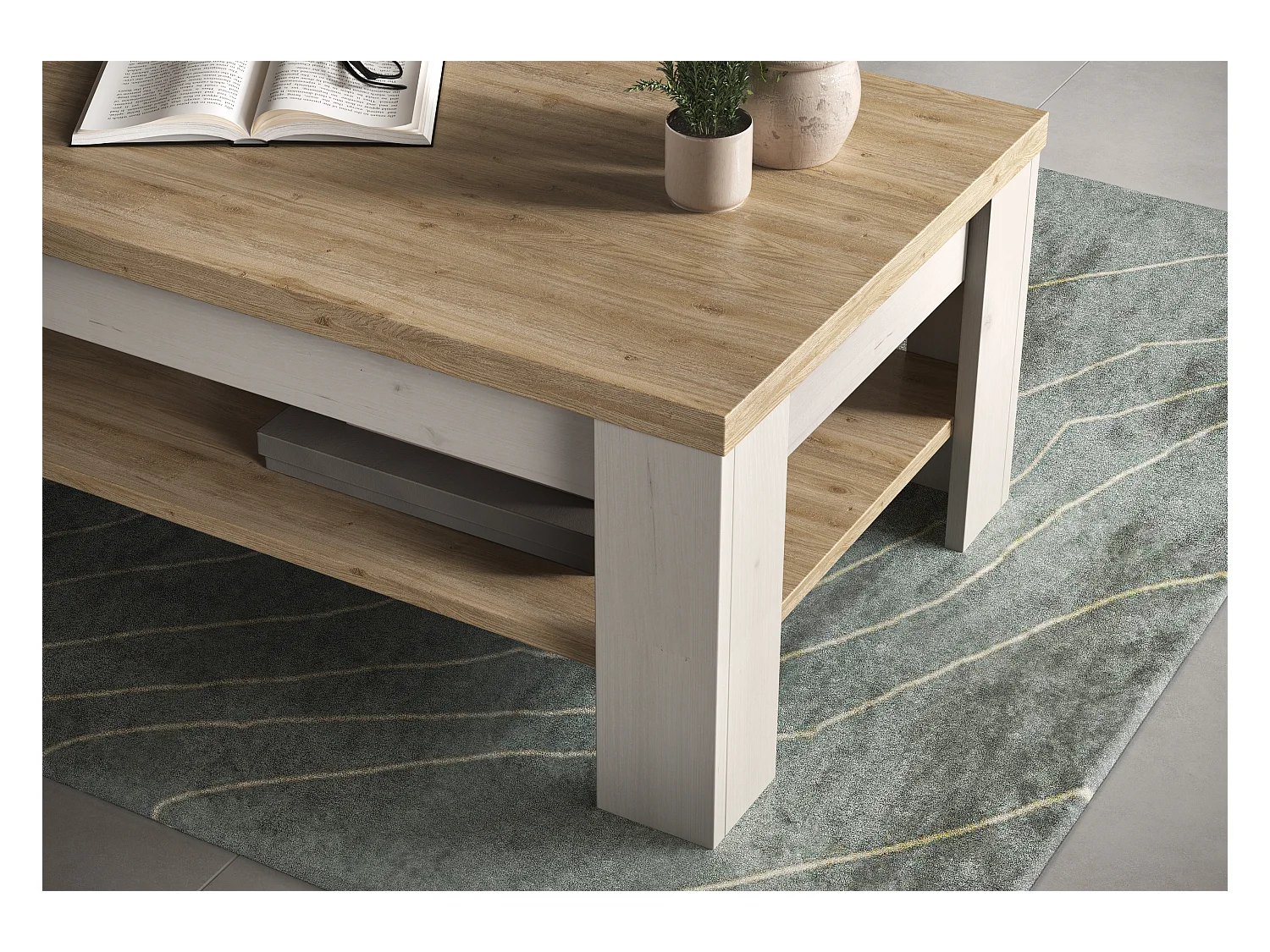 Tavolino da salotto moderno 110x68 cm bianco effetto legno e rovere TSL11