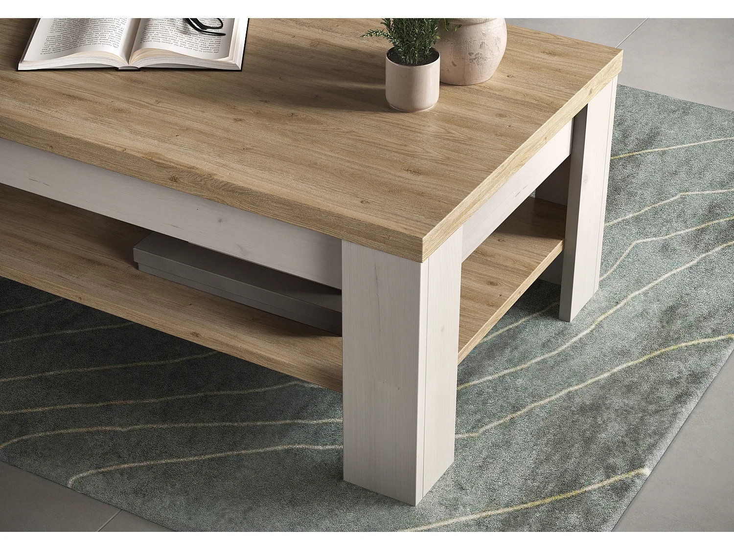 Tavolino da salotto moderno 110x68 cm bianco effetto legno e rovere TSL11