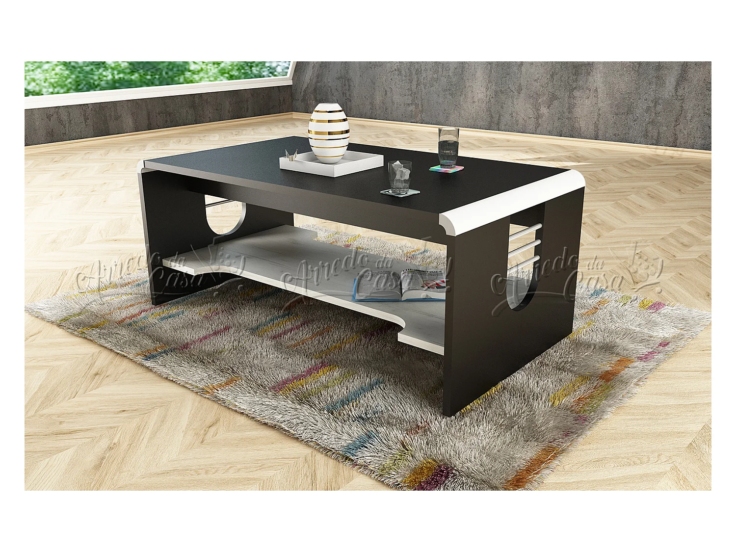 Tavolino basso per salotto design vintage effetto legno TU4 110x45 nero e bianco legno