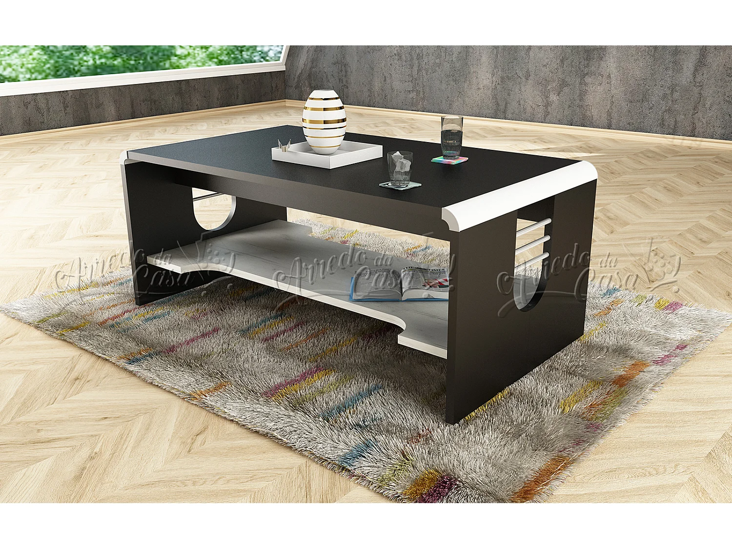 Tavolino basso per salotto design vintage effetto legno TU4 110x45 nero e bianco legno