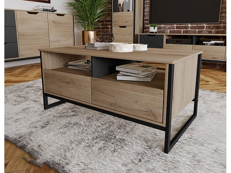 tavolino da salotto moderno effetto legno con vani a giorno TI15 110x54 rovere chiaro e antracite