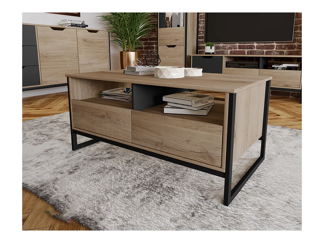 tavolino da salotto moderno effetto legno con vani a giorno TI15 110x54 rovere chiaro e antracite