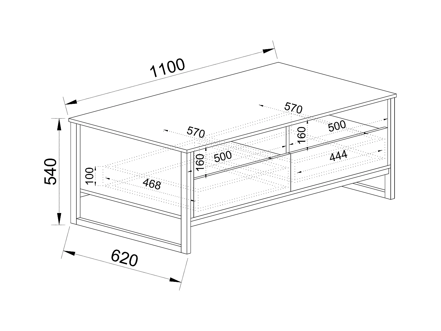 tavolino da salotto moderno effetto legno con vani a giorno TI15 110x54 rovere chiaro e antracite