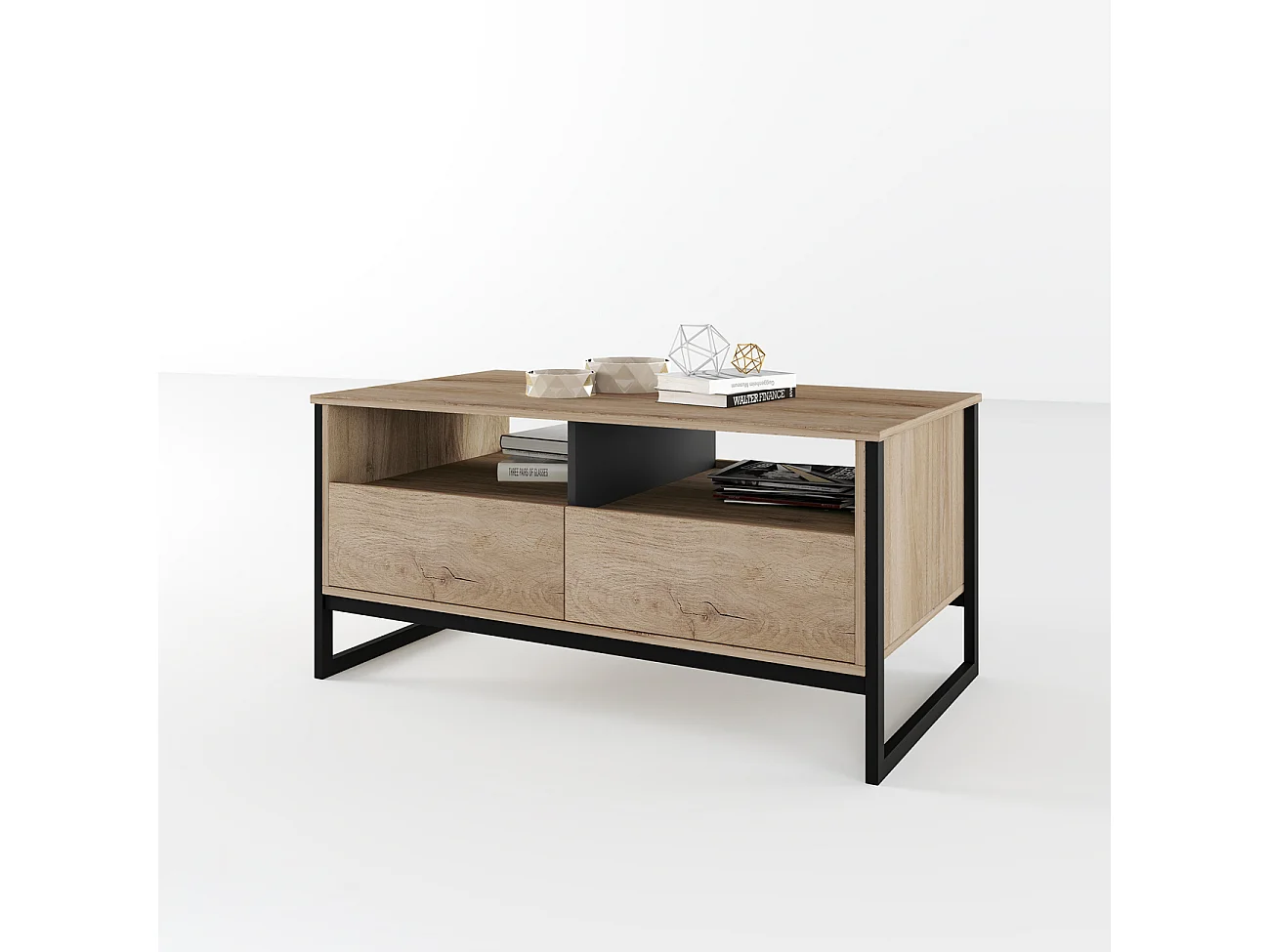 tavolino da salotto moderno effetto legno con vani a giorno TI15 110x54 rovere chiaro e antracite