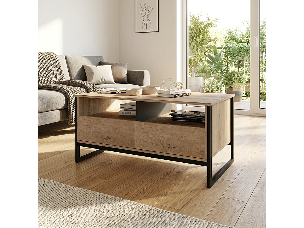 tavolino da salotto moderno effetto legno con vani a giorno TI15 110x54 rovere chiaro e antracite