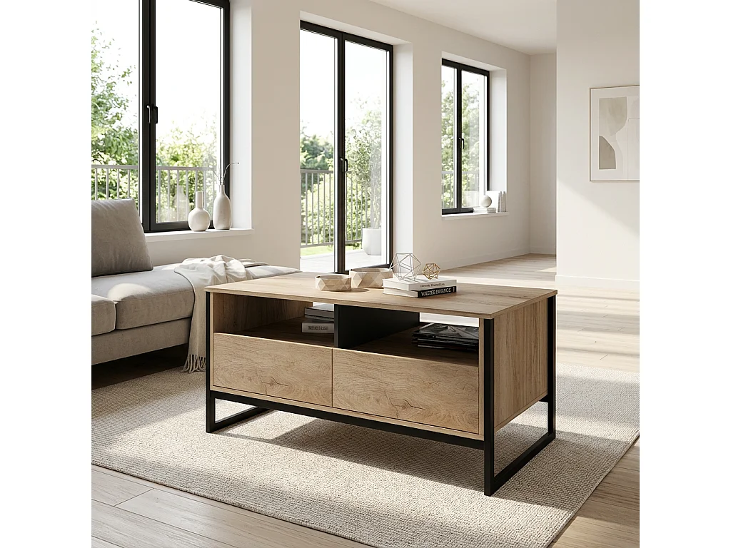 tavolino da salotto moderno effetto legno con vani a giorno TI15 110x54 rovere chiaro e antracite