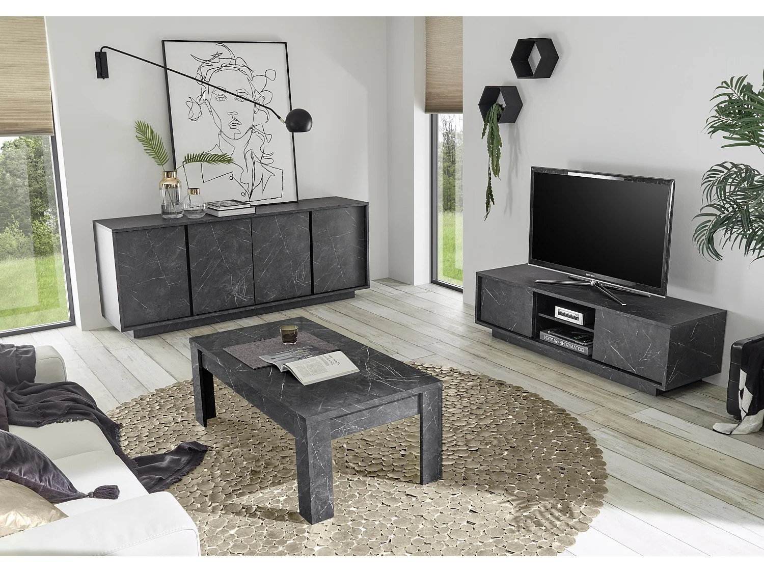 Tavolino da salotto basso design moderno marmorizzato 122x65 TSL5 marmo nero