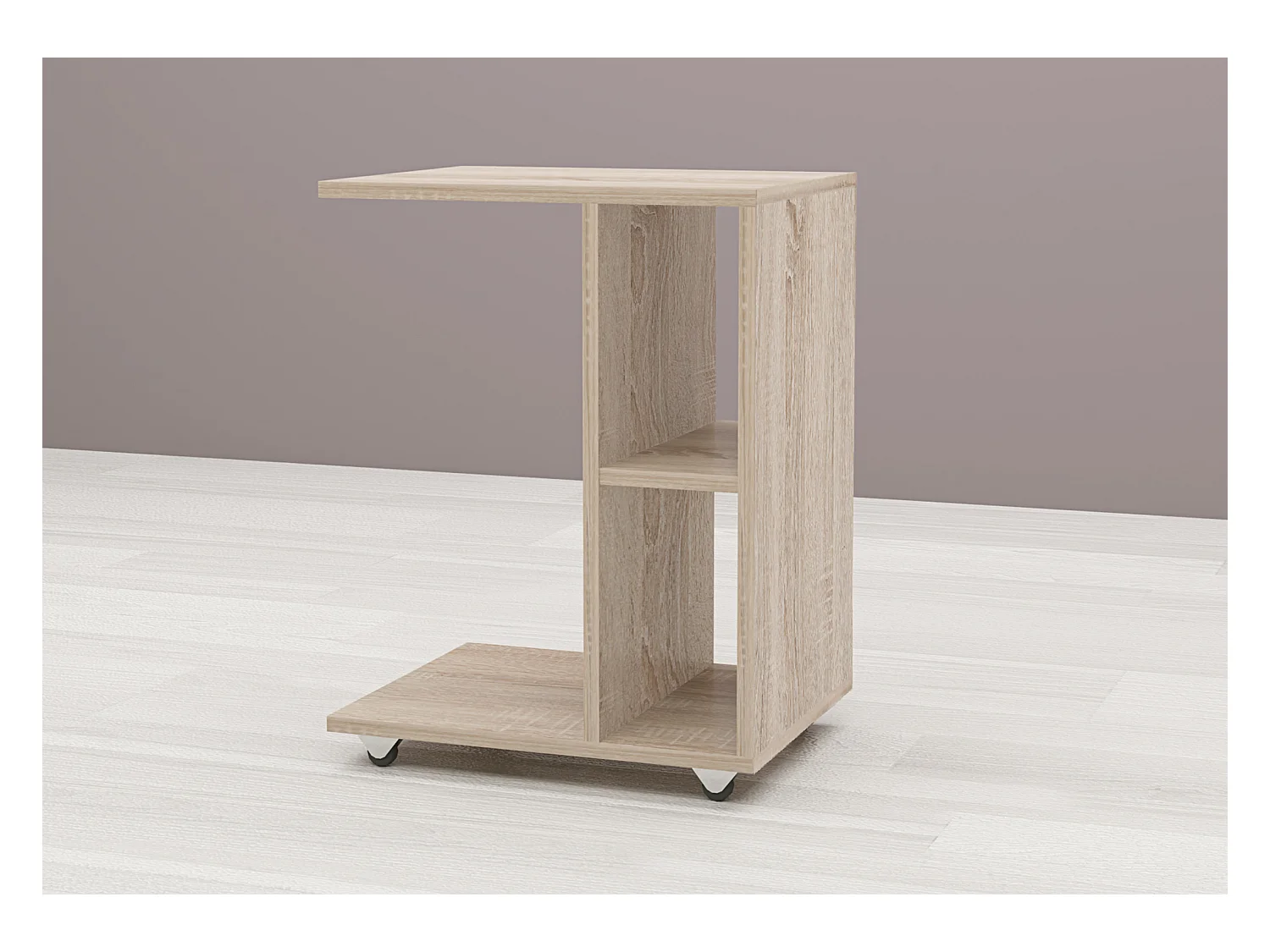 Tavolino da salotto con ruote e 2 vani a giorno in rovere chiaro TG9