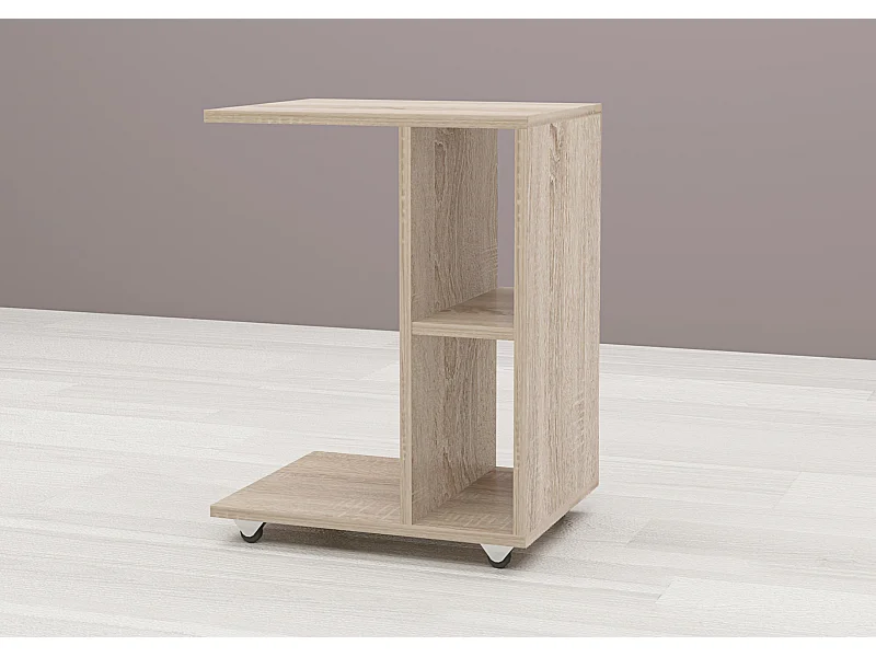 Tavolino da salotto con ruote e 2 vani a giorno in rovere chiaro TG9