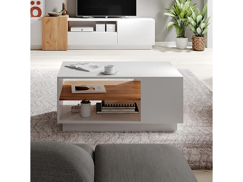 Tavolino da salotto moderno 100x45cm bianco e rovere TLK13