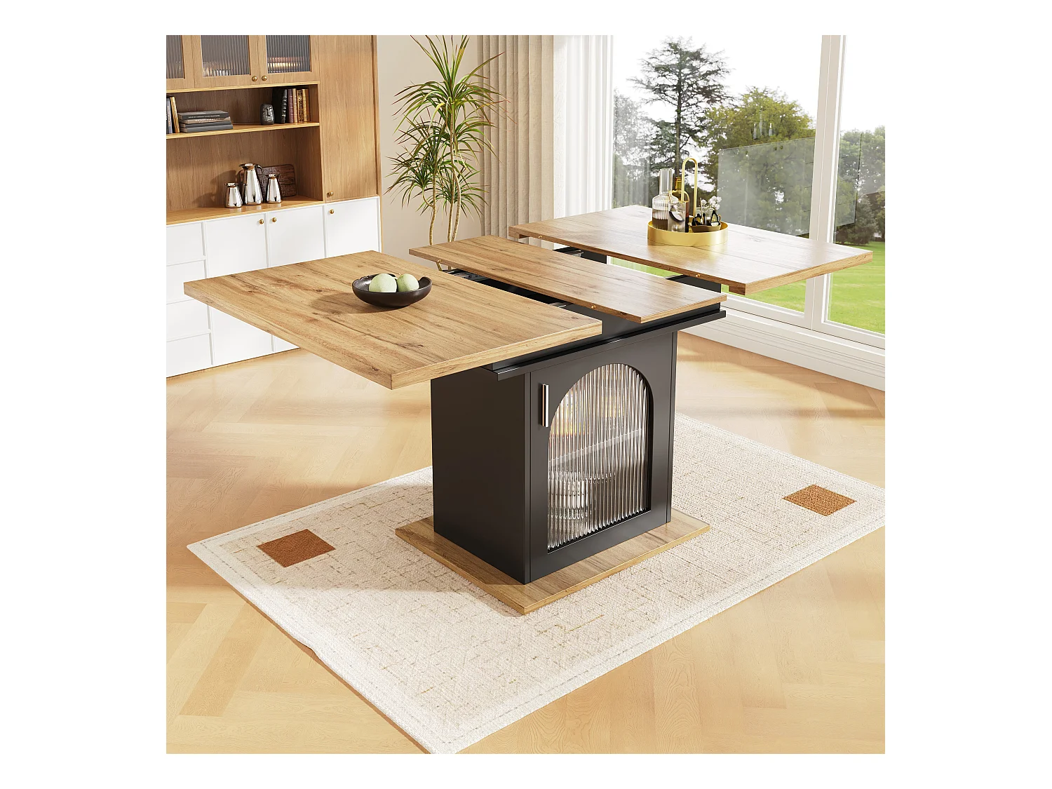 Table à manger extensible 6-8 personnes avec 1 porte en verre, plateau en placage woodgrain naturel clair, corps noir - 110/140x80x76cm