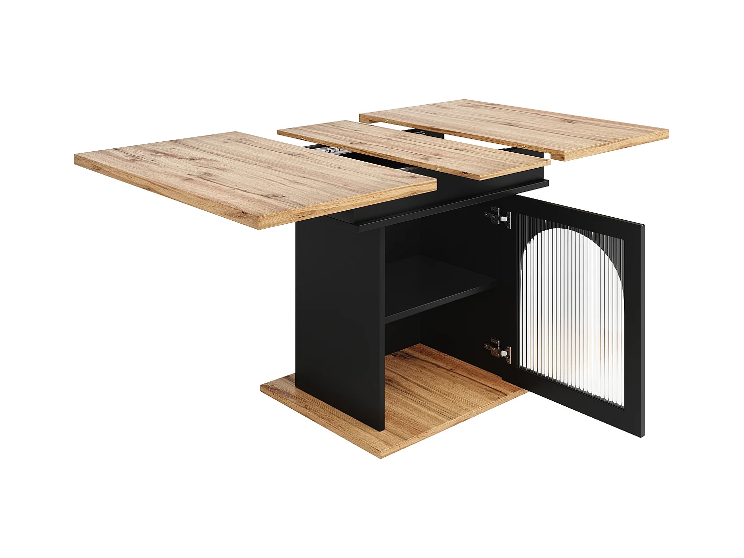 Table à manger extensible 6-8 personnes avec 1 porte en verre, plateau en placage woodgrain naturel clair, corps noir - 110/140x80x76cm