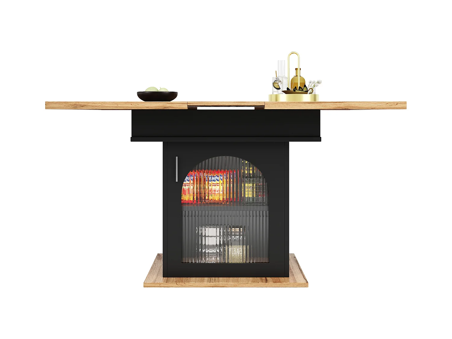 Table à manger extensible 6-8 personnes avec 1 porte en verre, plateau en placage woodgrain naturel clair, corps noir - 110/140x80x76cm