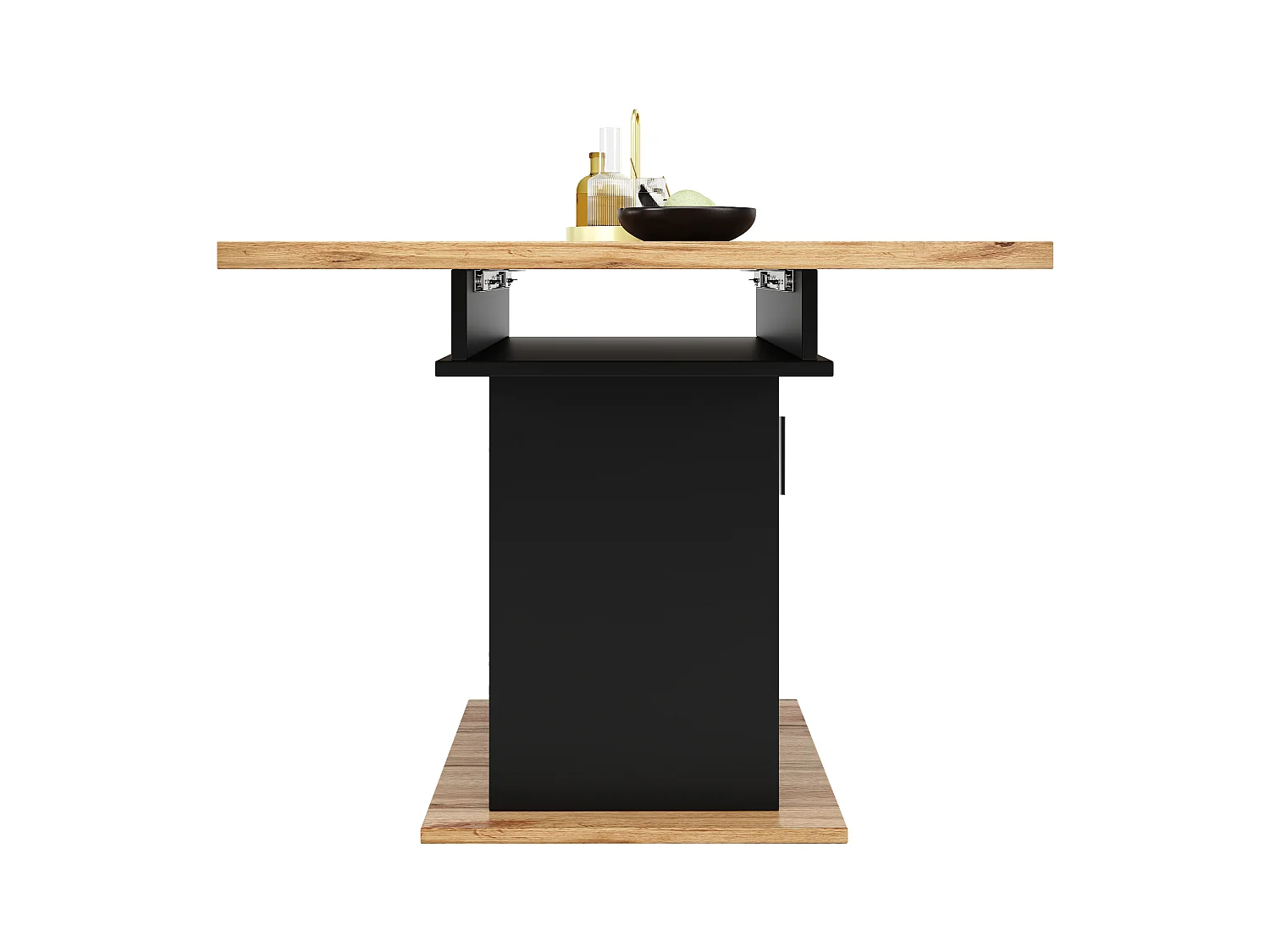 Table à manger extensible 6-8 personnes avec 1 porte en verre, plateau en placage woodgrain naturel clair, corps noir - 110/140x80x76cm