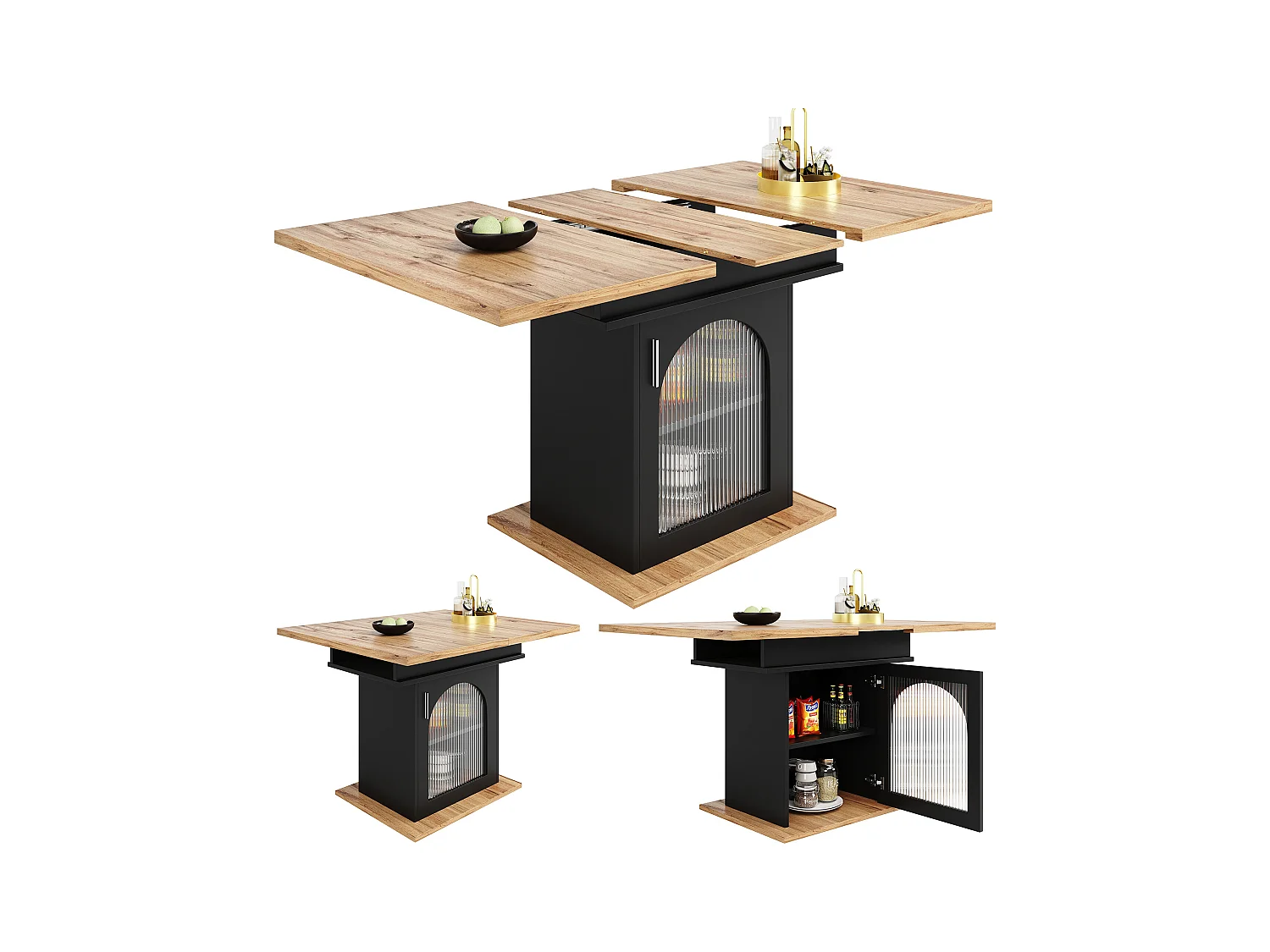 Table à manger extensible 6-8 personnes avec 1 porte en verre, plateau en placage woodgrain naturel clair, corps noir - 110/140x80x76cm