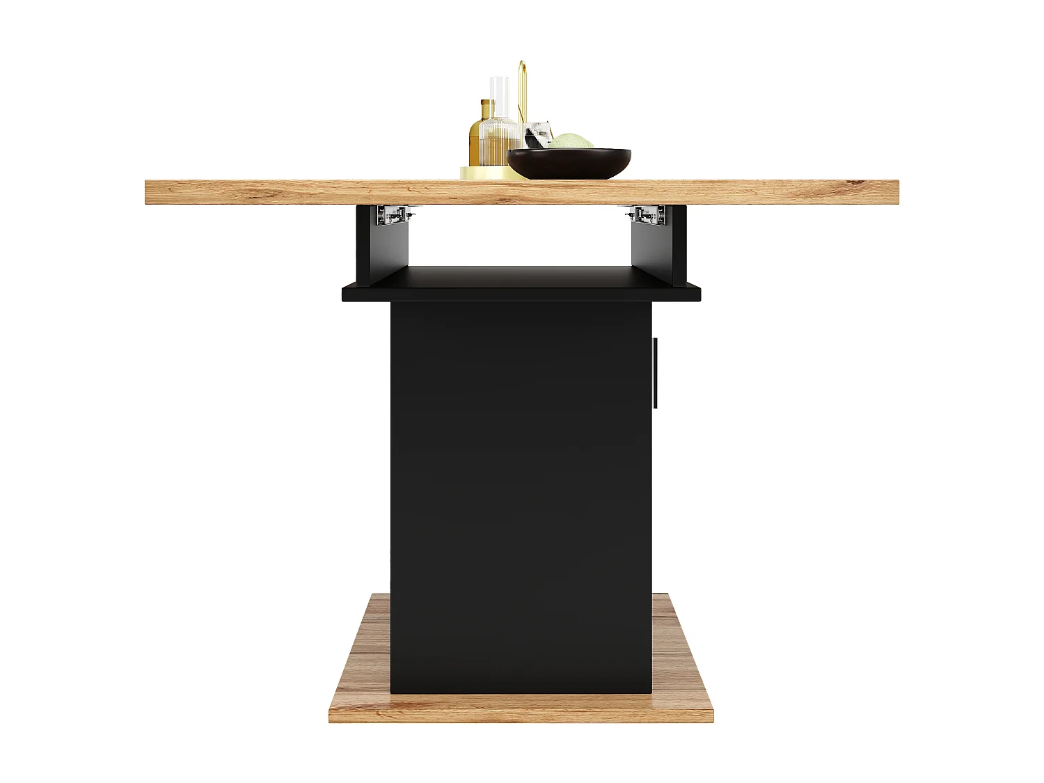 Table à manger extensible 6-8 personnes avec 1 porte en verre, plateau en placage woodgrain naturel clair, corps noir - 110/140x80x76cm