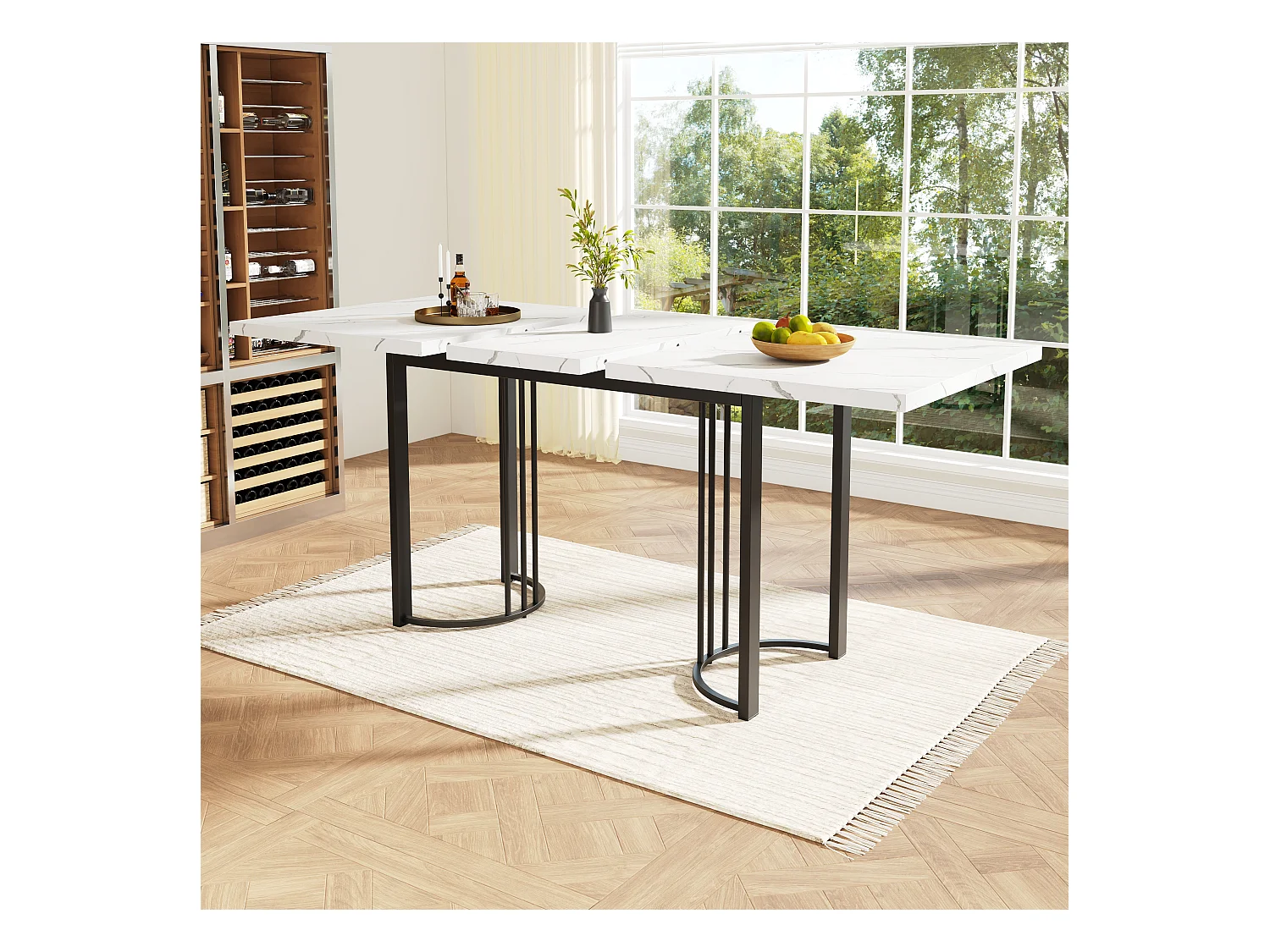 Table à manger extensible rectangle 6-8 personnes, plateau en placage marbre blanc avec pieds en métal noir - 179.5x80x75.5cm