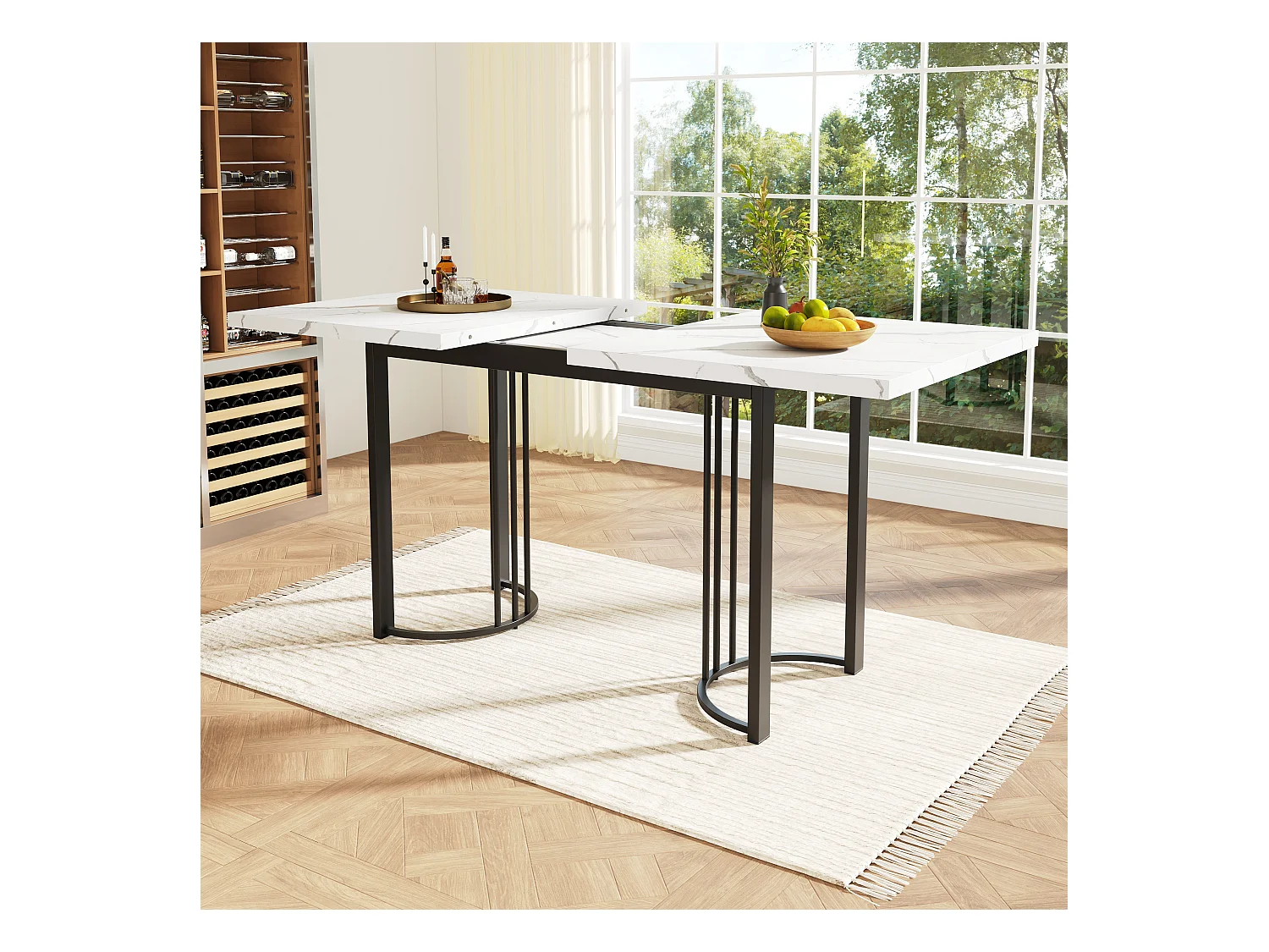 Table à manger extensible rectangle 6-8 personnes, plateau en placage marbre blanc avec pieds en métal noir - 179.5x80x75.5cm