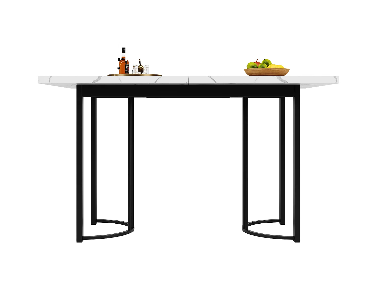 Table à manger extensible rectangle 6-8 personnes, plateau en placage marbre blanc avec pieds en métal noir - 179.5x80x75.5cm