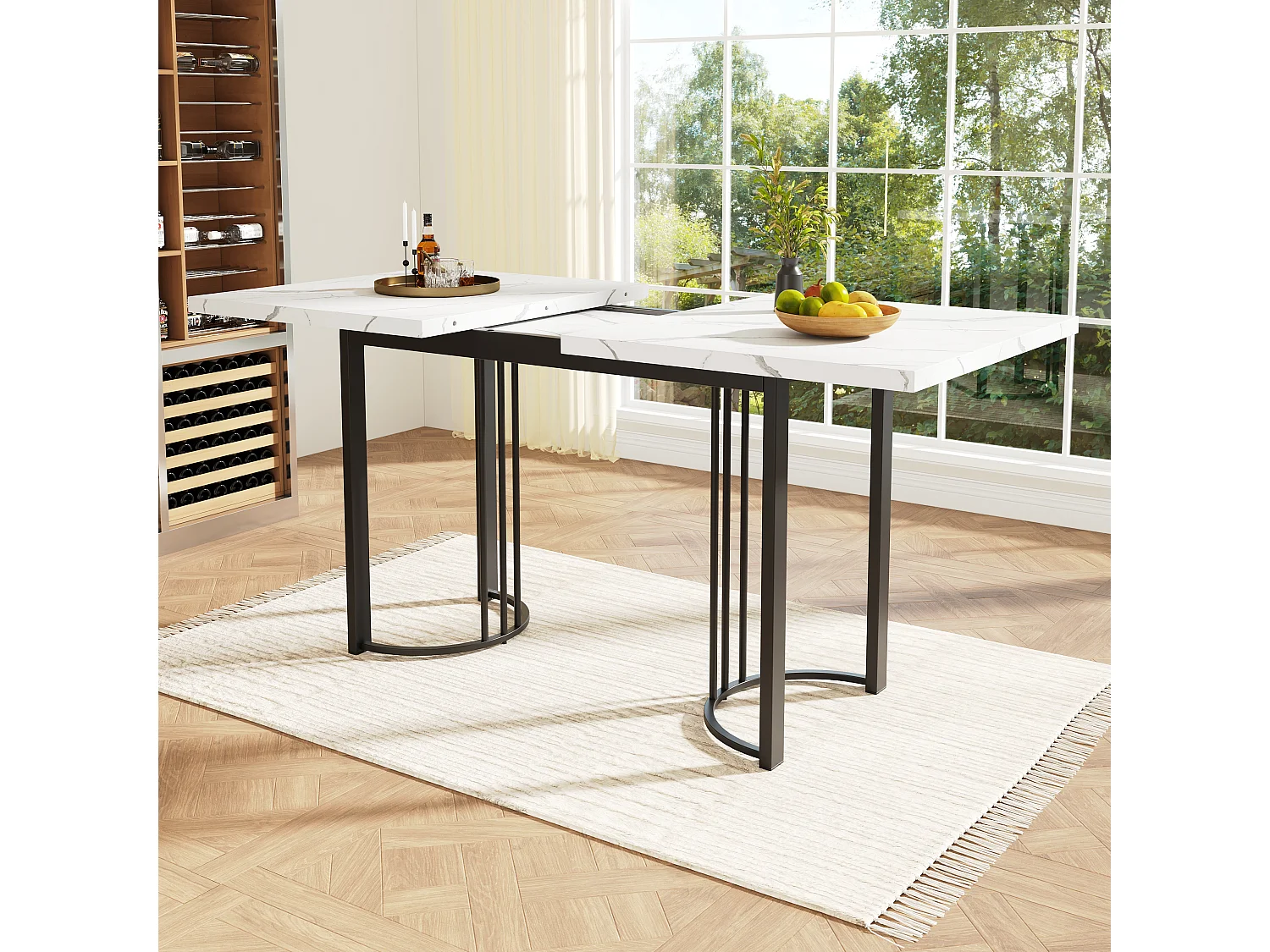 Table à manger extensible rectangle 6-8 personnes, plateau en effet marbre blanc avec pieds en métal noir - 179.5x80x75.5cm