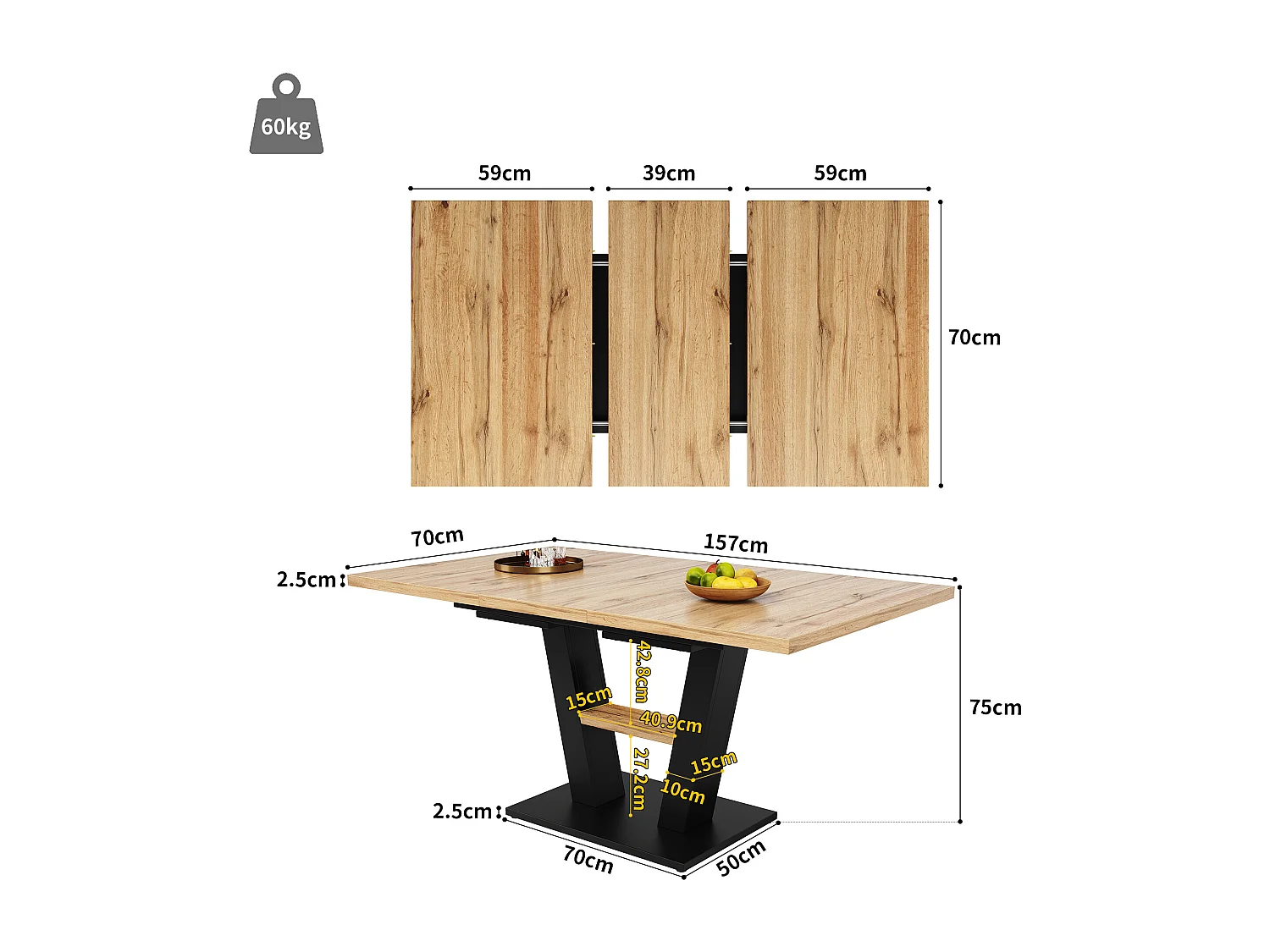 Mesa de jantar retangular extensível para 4 a 6 pessoas, tampo em folheado de madeira natural clara com pernas pretas em formato de X - 118/157x70x75cm