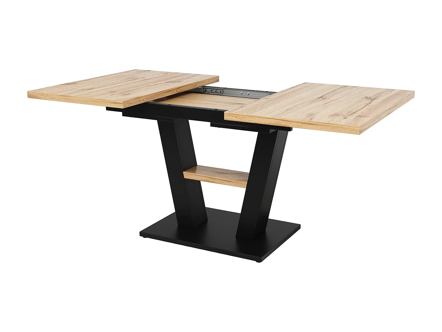 Table à manger extensible rectangle 4-6 personnes, plateau en placage woodgrain naturel clair avec pieds noir en X - 118/157x70x75cm