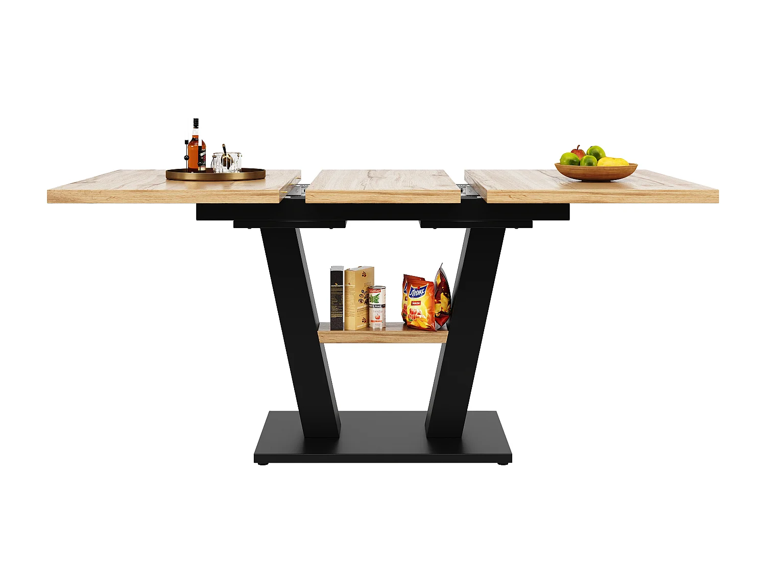 Table à manger extensible rectangle 4-6 personnes, plateau en placage woodgrain naturel clair avec pieds noir en X - 118/157x70x75cm