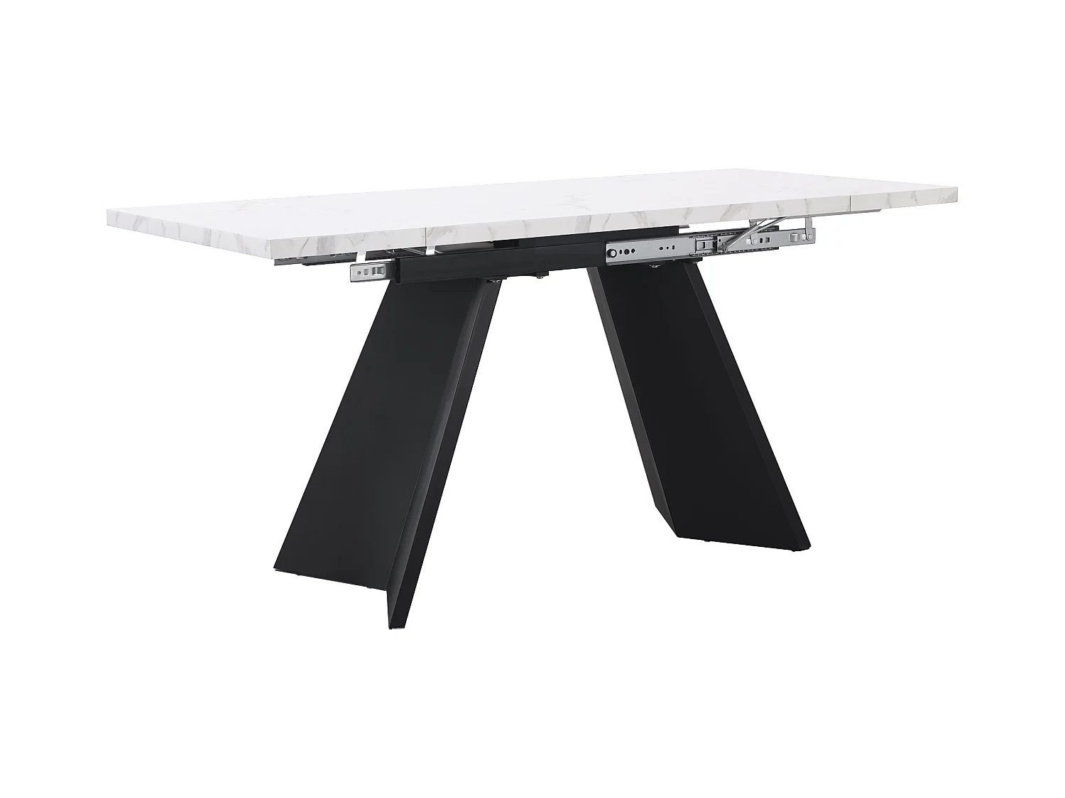 Table à manger extensible rectangle 4-6 personnes, plateau en placage marbre blanc avec 2 pieds larges en métal noir - 99/159x74x77cm