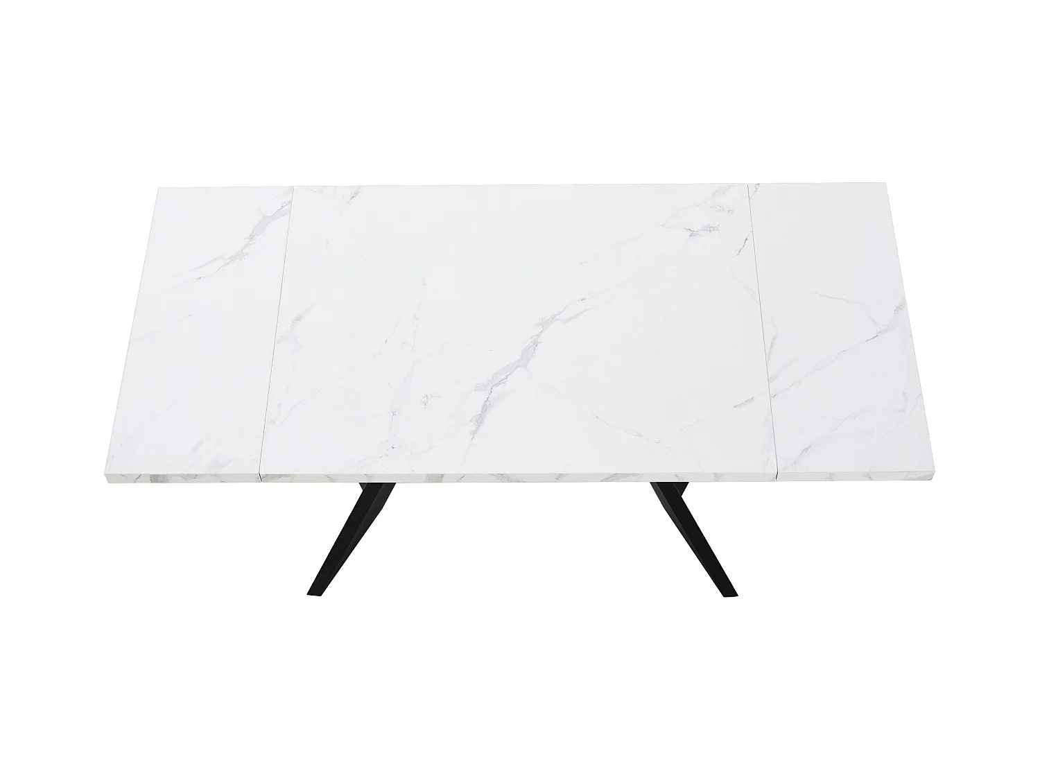 Table à manger extensible rectangle 4-6 personnes, plateau en placage marbre blanc avec 2 pieds larges en métal noir - 99/159x74x77cm