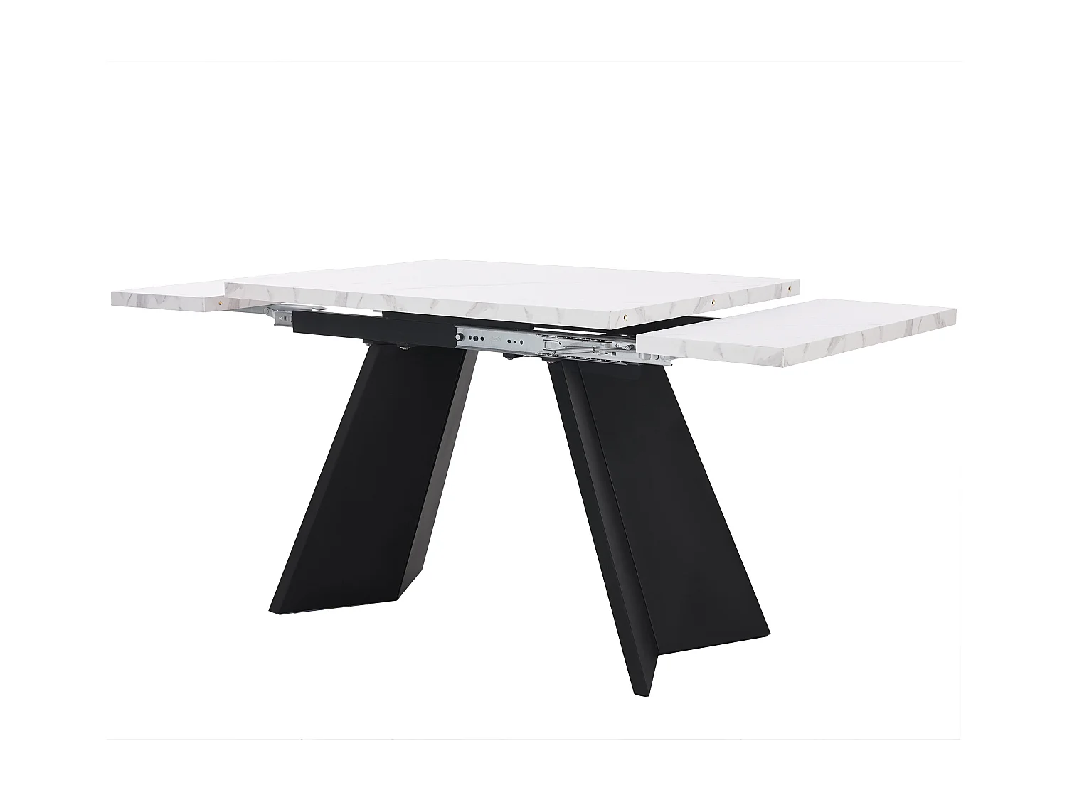 Table à manger extensible rectangle 4-6 personnes, plateau en effet marbre blanc avec 2 pieds larges en métal noir - 99/159x74x77cm