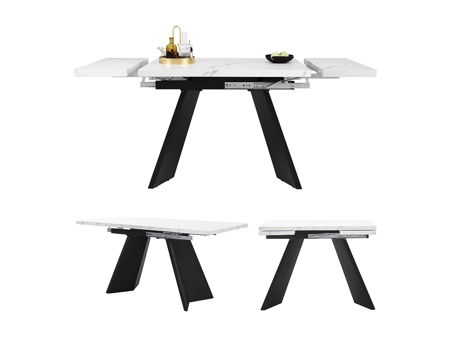 Table à manger extensible rectangle 4-6 personnes, plateau en effet marbre blanc avec 2 pieds larges en métal noir - 99/159x74x77cm