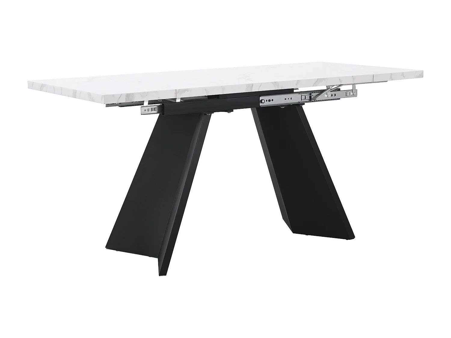 Table à manger extensible rectangle 4-6 personnes, plateau en effet marbre blanc avec 2 pieds larges en métal noir - 99/159x74x77cm