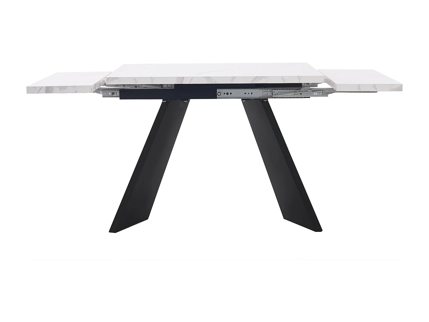 Table à manger extensible rectangle 4-6 personnes, plateau en effet marbre blanc avec 2 pieds larges en métal noir - 99/159x74x77cm