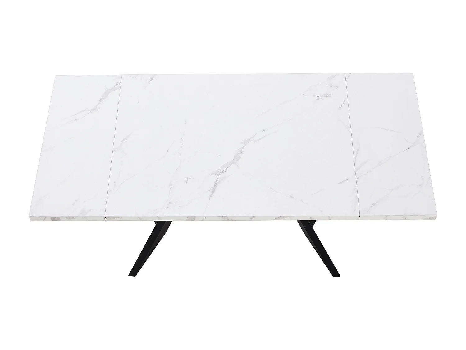 Table à manger extensible rectangle 4-6 personnes, plateau en effet marbre blanc avec 2 pieds larges en métal noir - 99/159x74x77cm