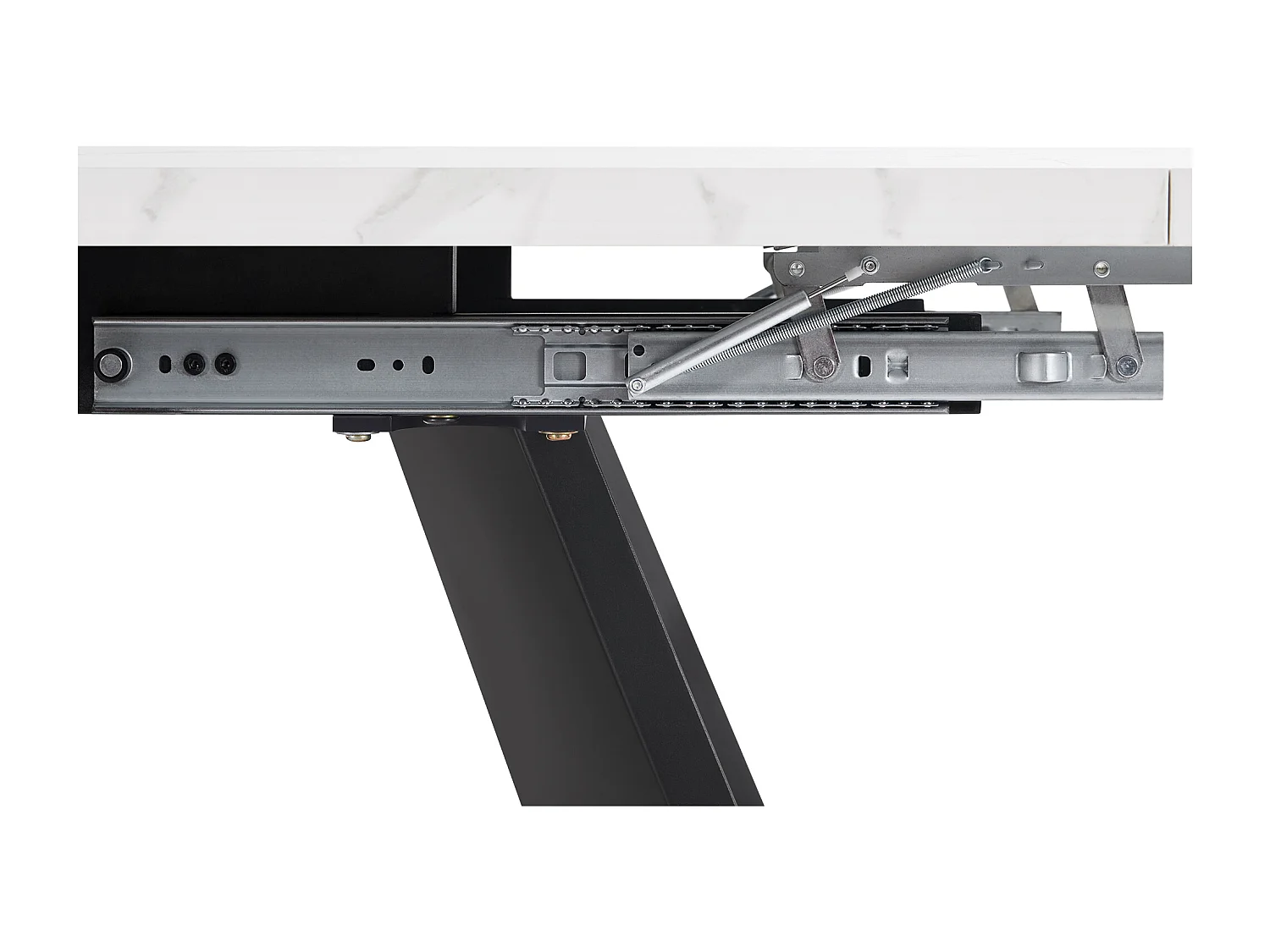 Table à manger extensible rectangle 4-6 personnes, plateau en effet marbre blanc avec 2 pieds larges en métal noir - 99/159x74x77cm