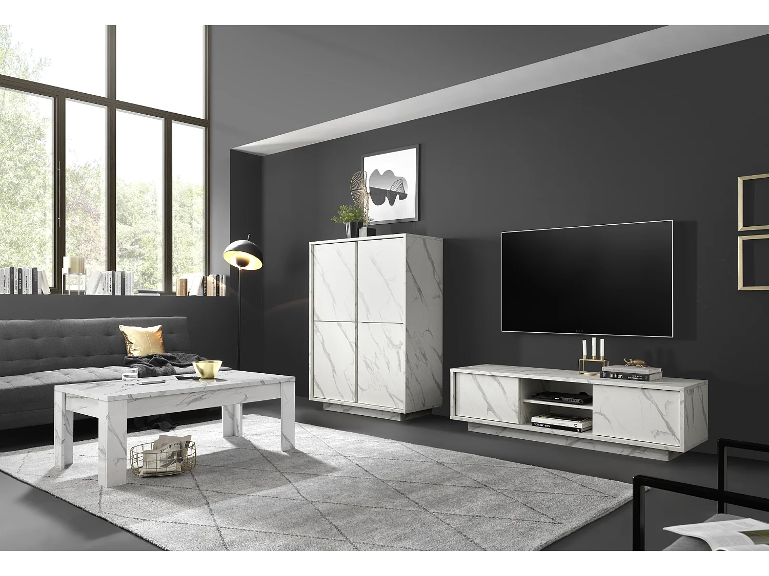 Tavolino da salotto basso design moderno marmorizzato 122x65 TSL5 marmo bianco