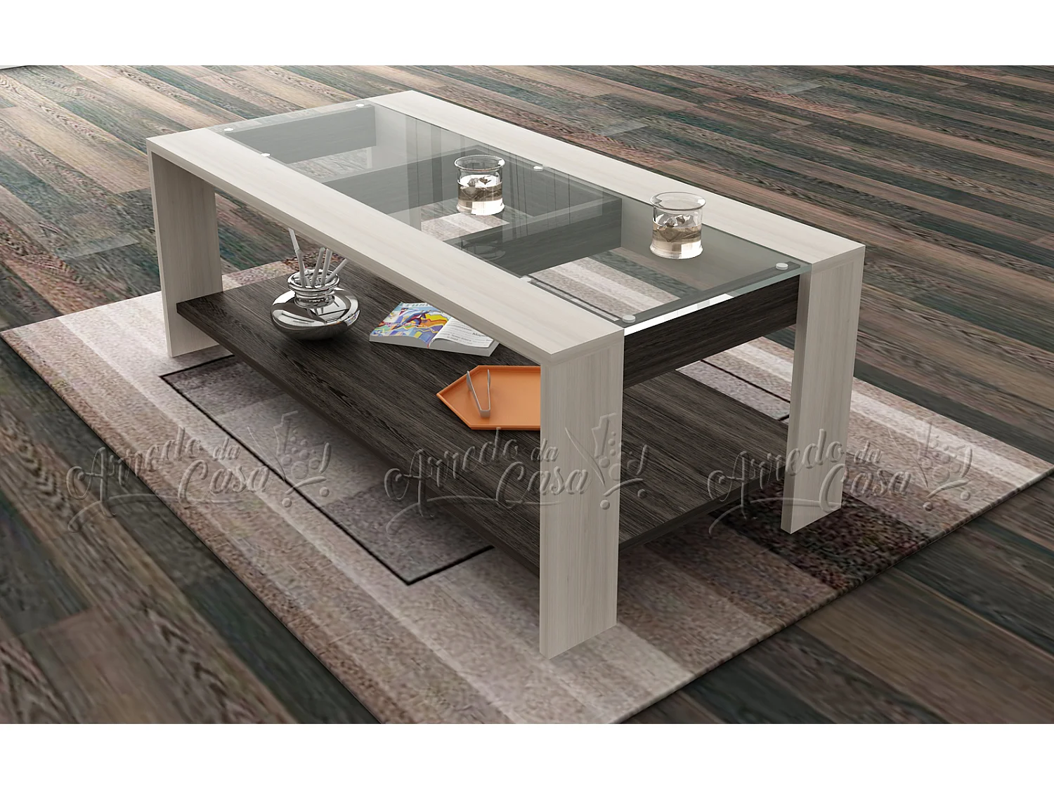 Tavolo basso da salotto design moderno con vetro TU2 110x45 rovere grigio chiaro