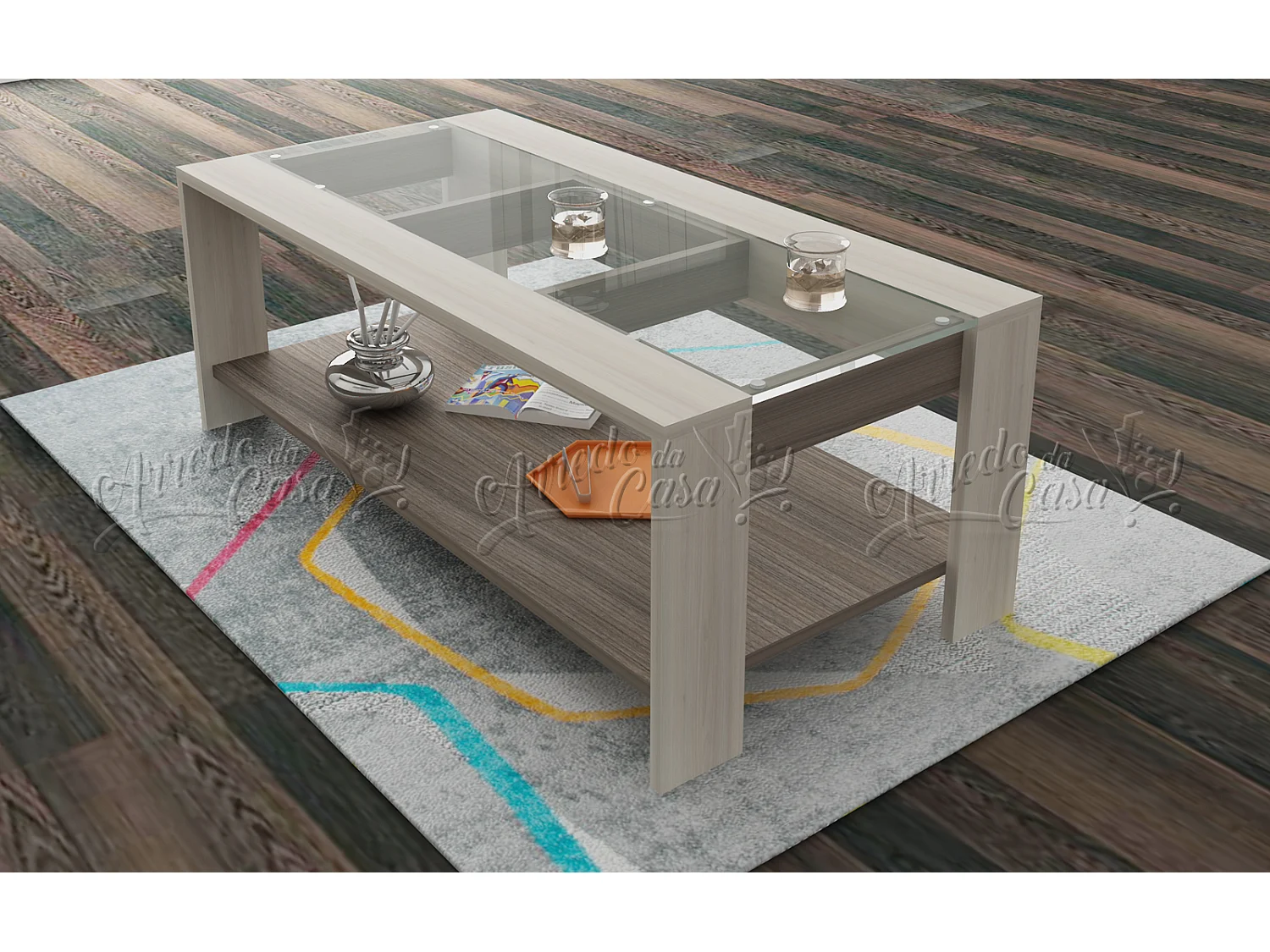 Tavolo basso da salotto design moderno con vetro 110x45 rovere grigio chiaro TU2