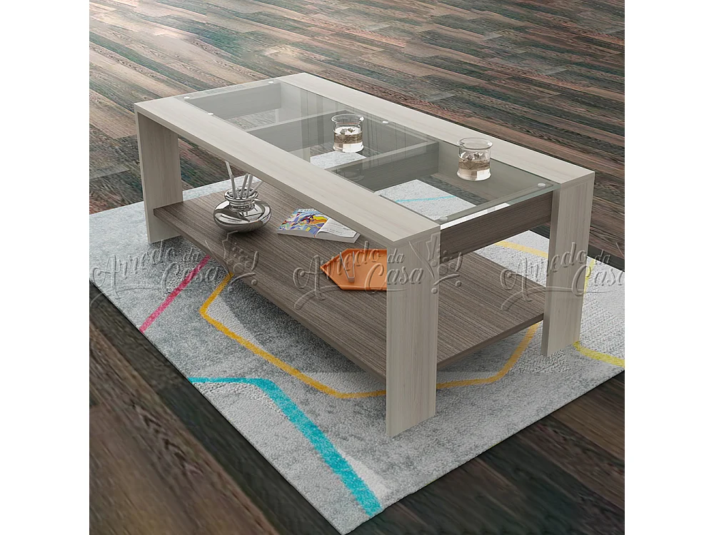 Tavolo basso da salotto design moderno con vetro 110x45 rovere grigio chiaro TU2