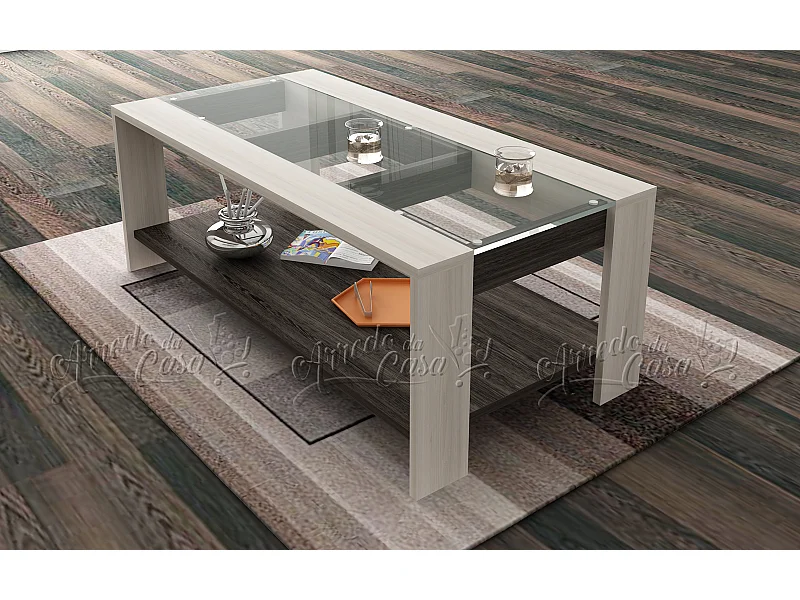 Tavolo basso da salotto design moderno con vetro TU2 110x45 rovere grigio chiaro