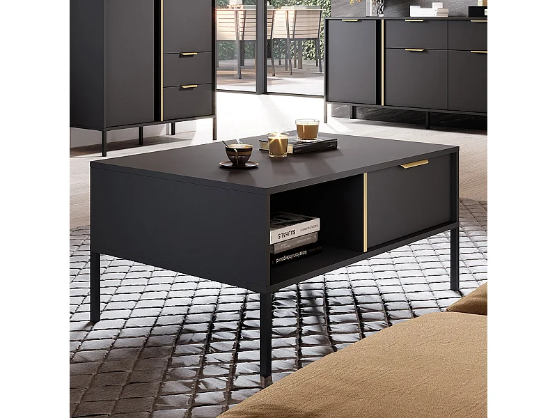 Tavolino da soggiorno moderno 97X44cm con due cassetti antracite con dettagli oro TLK5