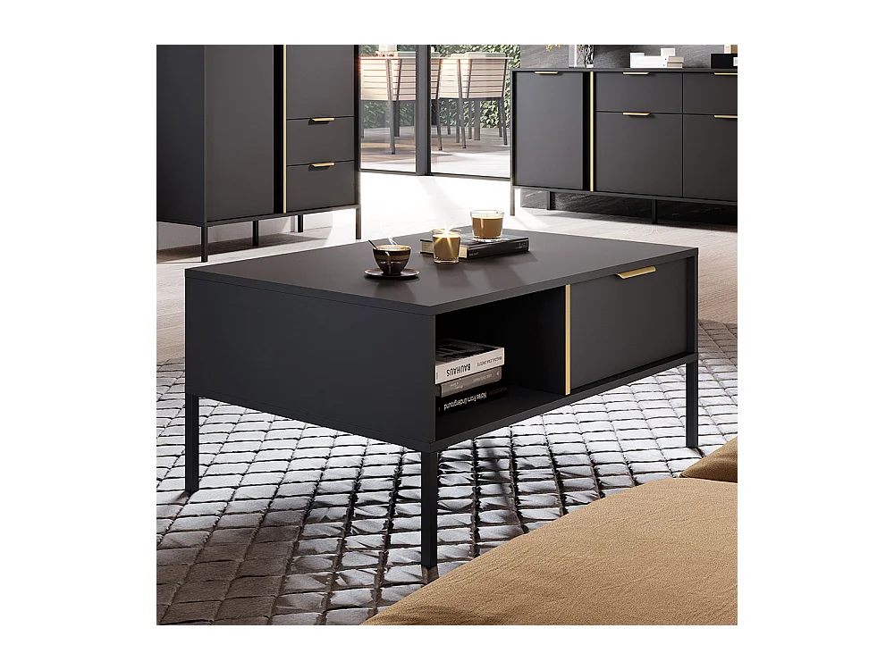 Tavolino da soggiorno moderno 97X44cm con due cassetti antracite con dettagli oro TLK5
