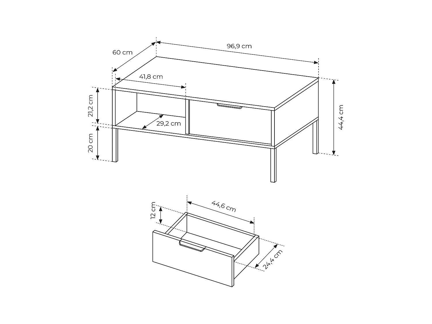 Tavolino da soggiorno moderno 97X44cm con due cassetti antracite con dettagli oro TLK5