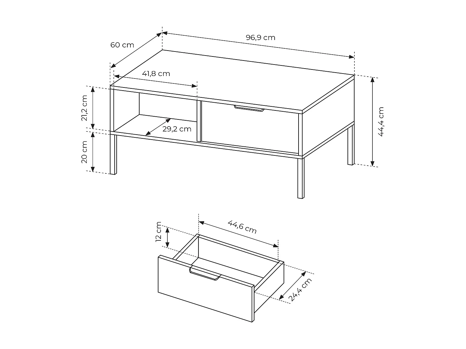 Tavolino da soggiorno moderno 97X44cm con due cassetti antracite con dettagli oro TLK5